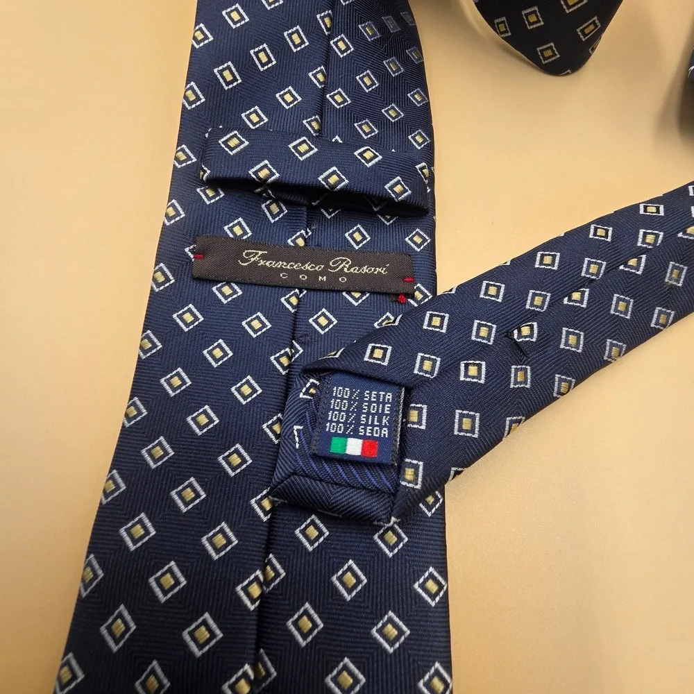 Francesco Rasori Como Navy Blue Gold Geometric Silk Tie Handmade Italy Mens